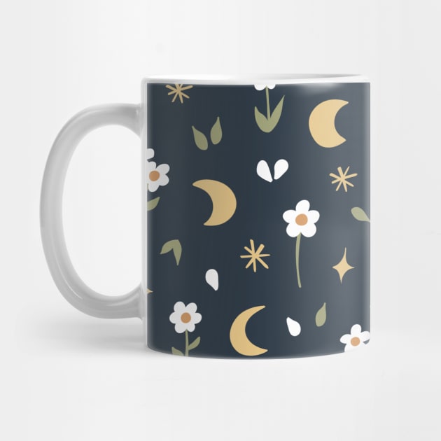 Boho Meadow At Night Celestial Floral Pattern Dark Blue by sziszigraphics